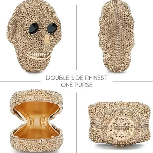 NWT Sparkling Bling Crystal Rhinestone Skull Clutch Purse Silver Gold +G… - Picture 11 of 11
